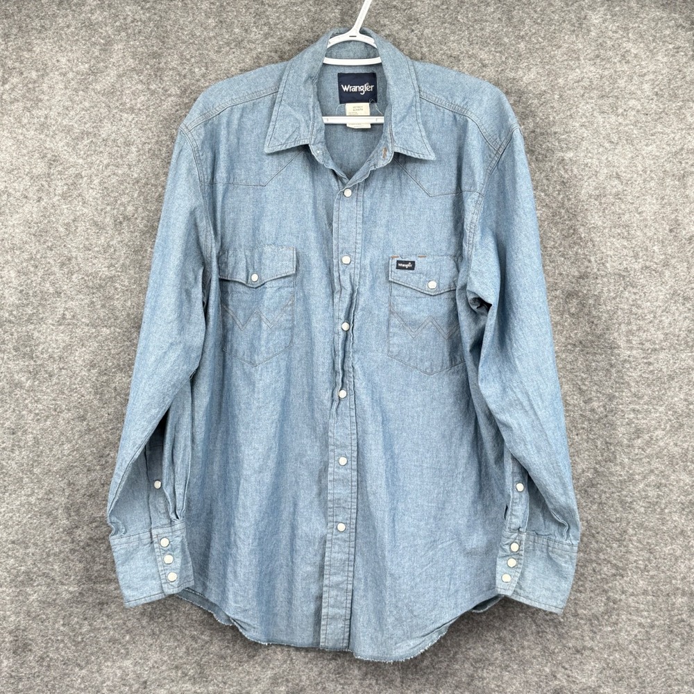 Wrangler Mens Light Denim Pearl‎ Snap Button Shirt XL Western Long Sleeve